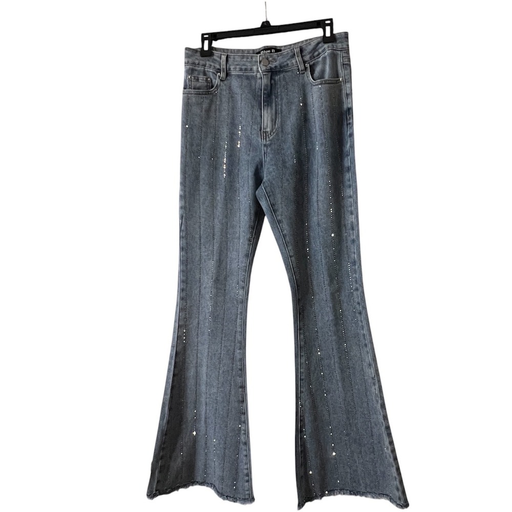 Blue B Collection Rhinestone Studded Flare Jeans Blue Denim Bell Bottoms L